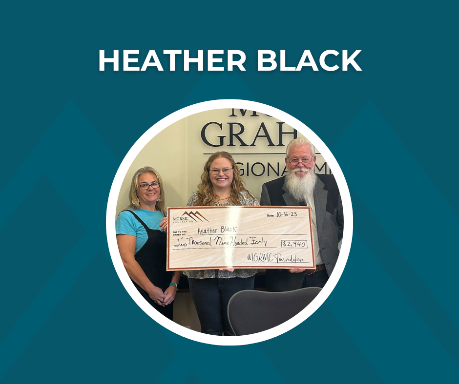 Picture of HEATHER BLACK receiving scholarship and text "HEATHER BLACK"