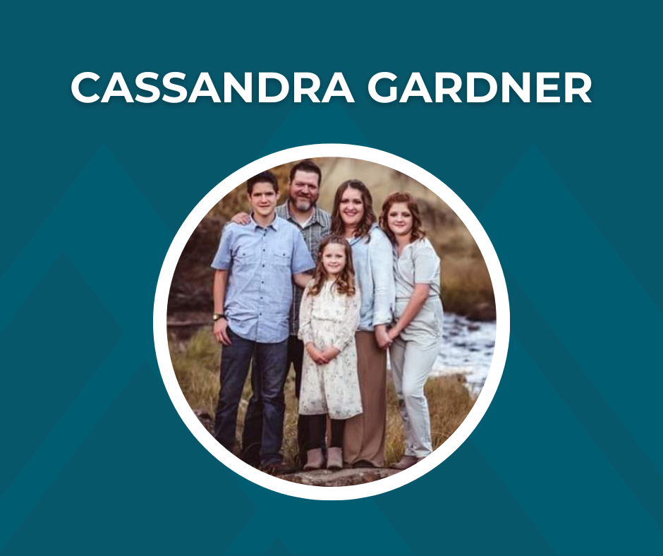 Picture of Cassandra Gardner with family and text "Cassandra Gardner"