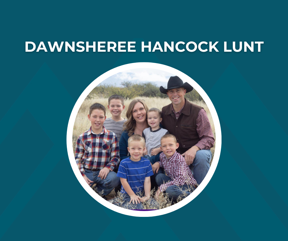 Picture of DawnSheree Hancock Lunt with family and text "DawnSheree Hancock Lunt"