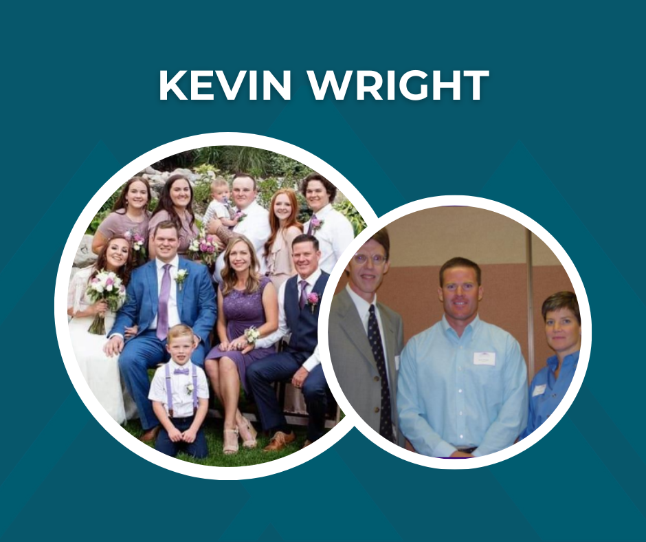 Picture of Kevin Wright with family and Kevin Wright receiving an award. Picture also contains text "Kevin Wright"